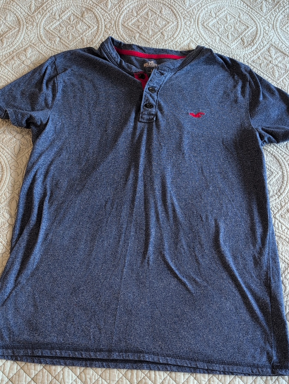Hollister Navy Short-Sleeve Henley with Red Logo Accent